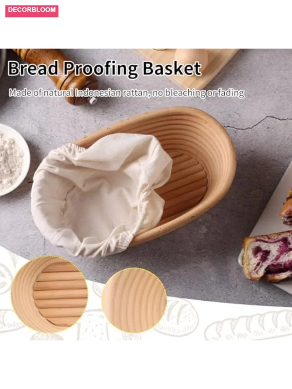 Handmade Natural Rattan Oval Bread Proofing Basket with Liner for Sourdough